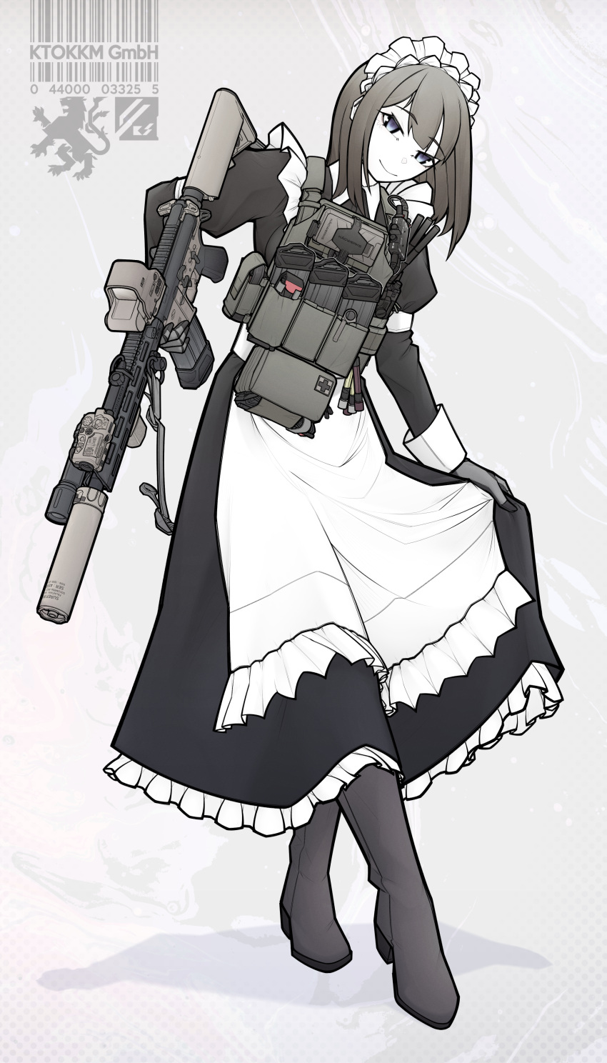 1girl, absurdres, apron, ar-15, black_dress, black_footwear, blue_eyes, boots