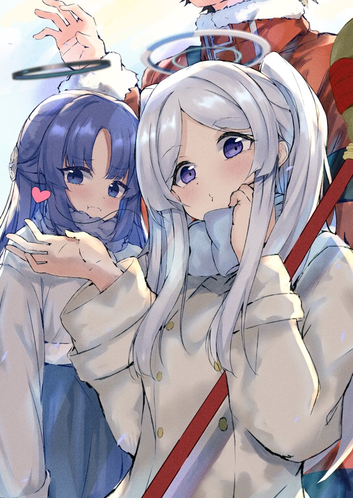 1boy, 2girls, alternate_costume, alternate_hairstyle, black_hair, blowing_kiss, blue_archive, blurry