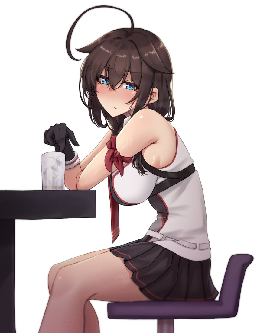 1girl, ahoge, black_gloves, black_hair, black_shirt, black_skirt, blue_eyes, braid