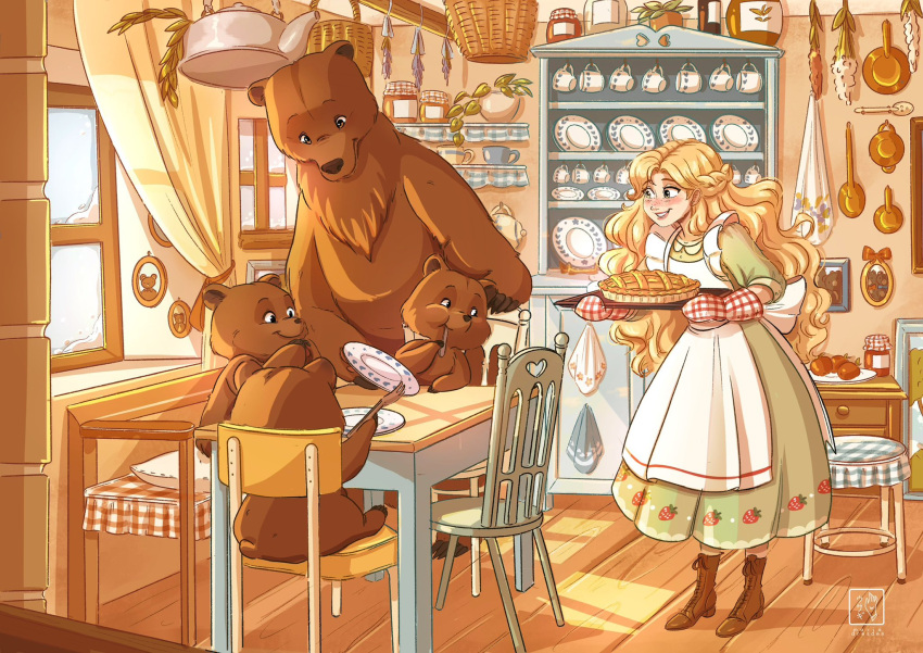 1girl, 4others, apron, bear, blonde_hair, boots, brown_footwear, commentary