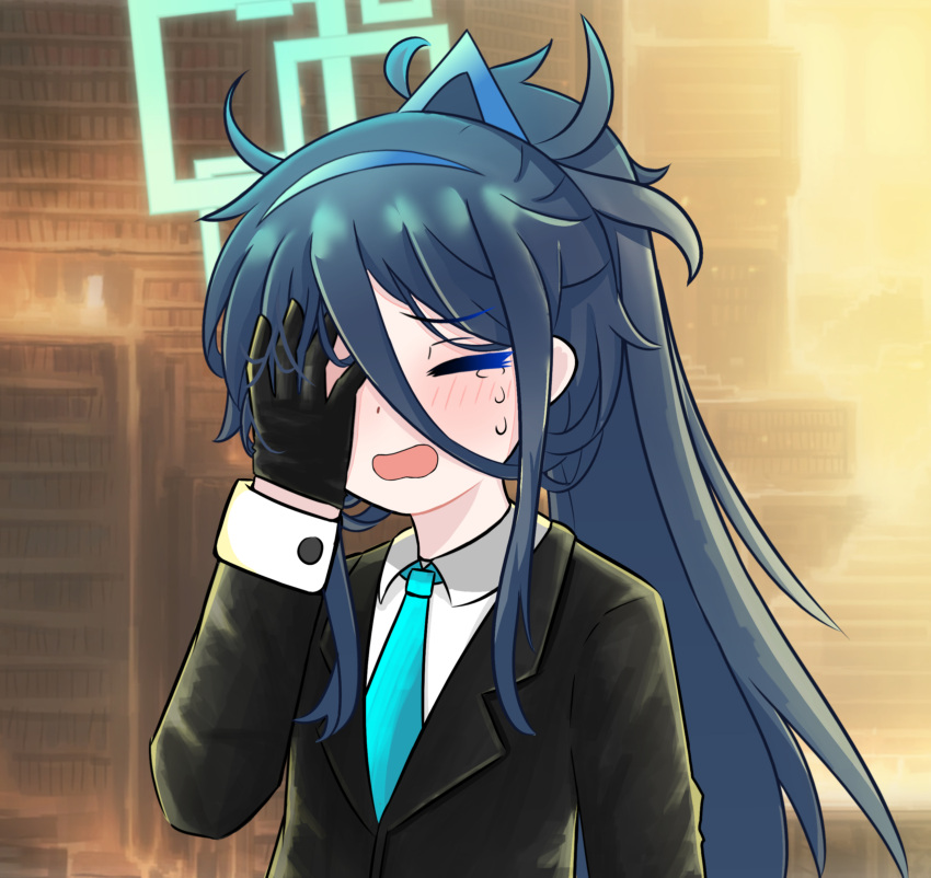 1girl, aris_(blue_archive), black_gloves, blue_archive, blue_hair, blue_necktie, cosplay, crying