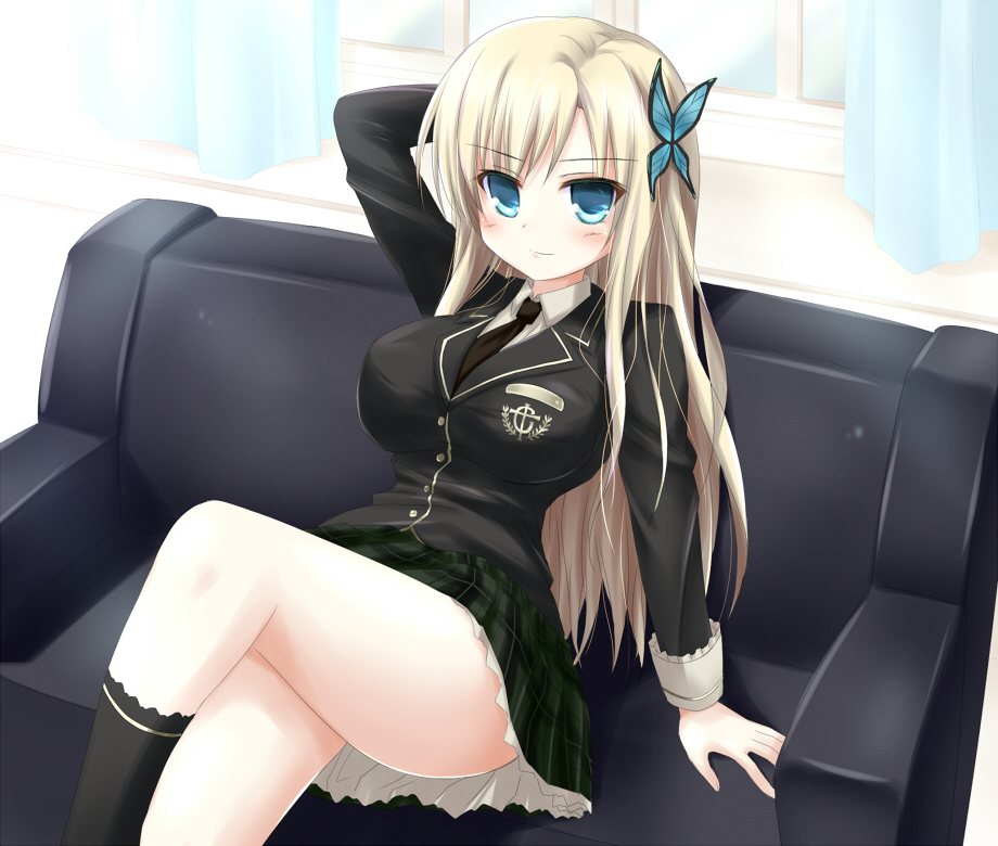 arche.x, blonde_hair, boku_wa_tomodachi_ga_sukunai, breasts, crossed_legs, formal, hair_ornament, hand_behind_head, kashiwazaki_sena, kneehighs, large_breasts, legs, long_hair, necktie, school_uniform, sitting, skirt, socks, suit, uniform