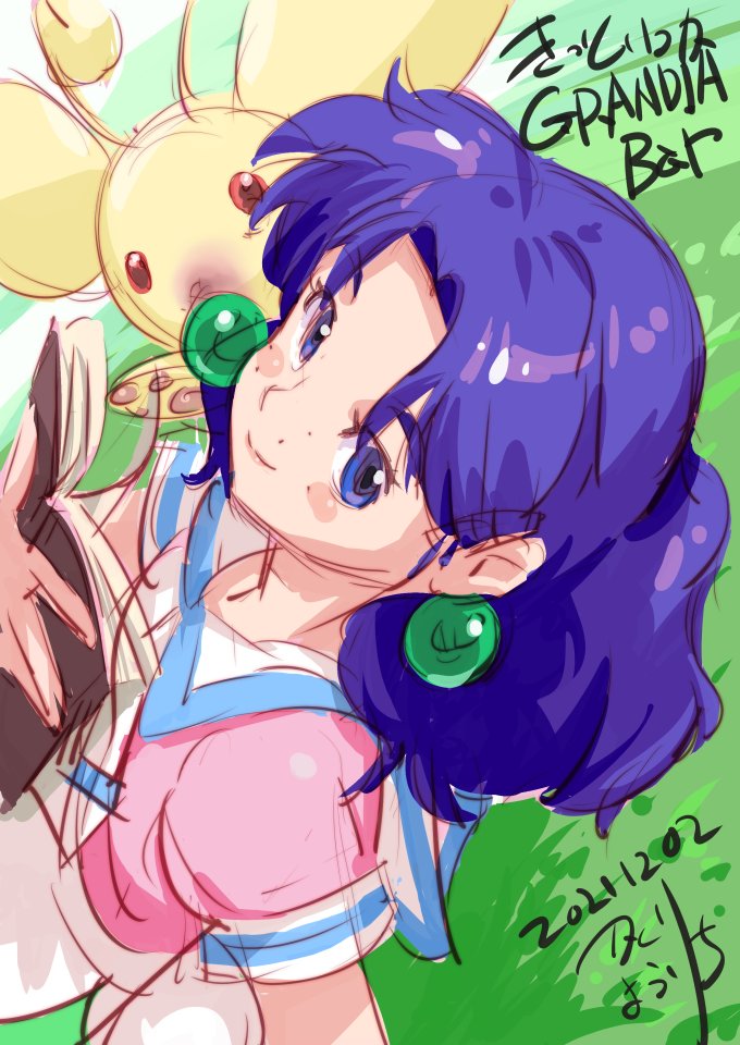1girl, blue_eyes, blush_stickers, book, closed_mouth, dated, dress, earrings