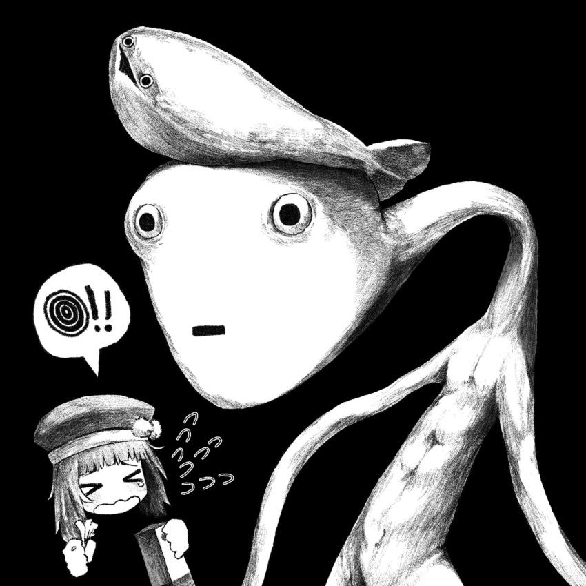 !, !!, >_<, 1girl, :|, beret, black_background, blunt_bangs, cashier_(milk_series), closed_mouth, empty_eyes, fish, fish_on_head, flying_sweatdrops, from_side, greyscale, hat, highres, holding, holding_carton, holding_tissue, horror_(theme), kilsturgeon, long_arms, long_neck, medium_hair, milk-chan_(milk_series), milk_carton, milk_inside_a_bag_of_milk_inside_a_bag_of_milk, monochrome, monster, navel, open_mouth, sacabambaspis, shadow, short_bangs, simple_background, speech_bubble, spoken_exclamation_mark, tears, triangle_mouth, wavy_hair