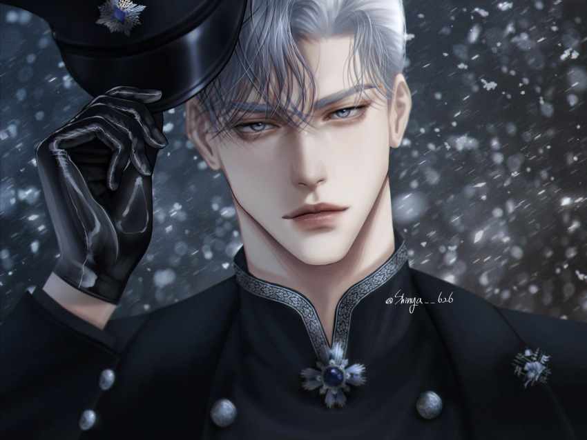 black_background, black_gloves, blue_eyes, blue_sweater, closed_mouth, gloves, hat, highres, holding, holding_clothes, holding_hat, ilay_riegrow, jewelry, lipgloss, looking_at_viewer, passion_(manhwa), pendant, police_hat, portrait, realistic, rotated, shinya_626, snow, sweater, uniform, unworn_hat, unworn_headwear, white_hair