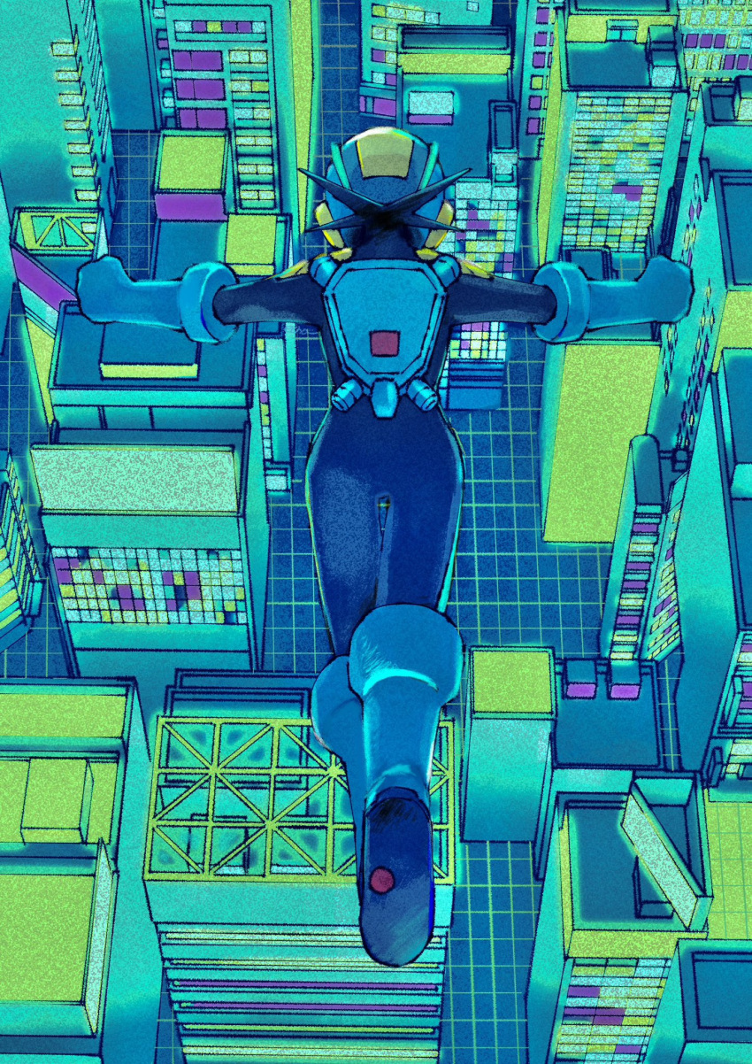 1boy, blue_bodysuit, bodysuit, boots, cityscape, from_behind, gauntlets, helmet