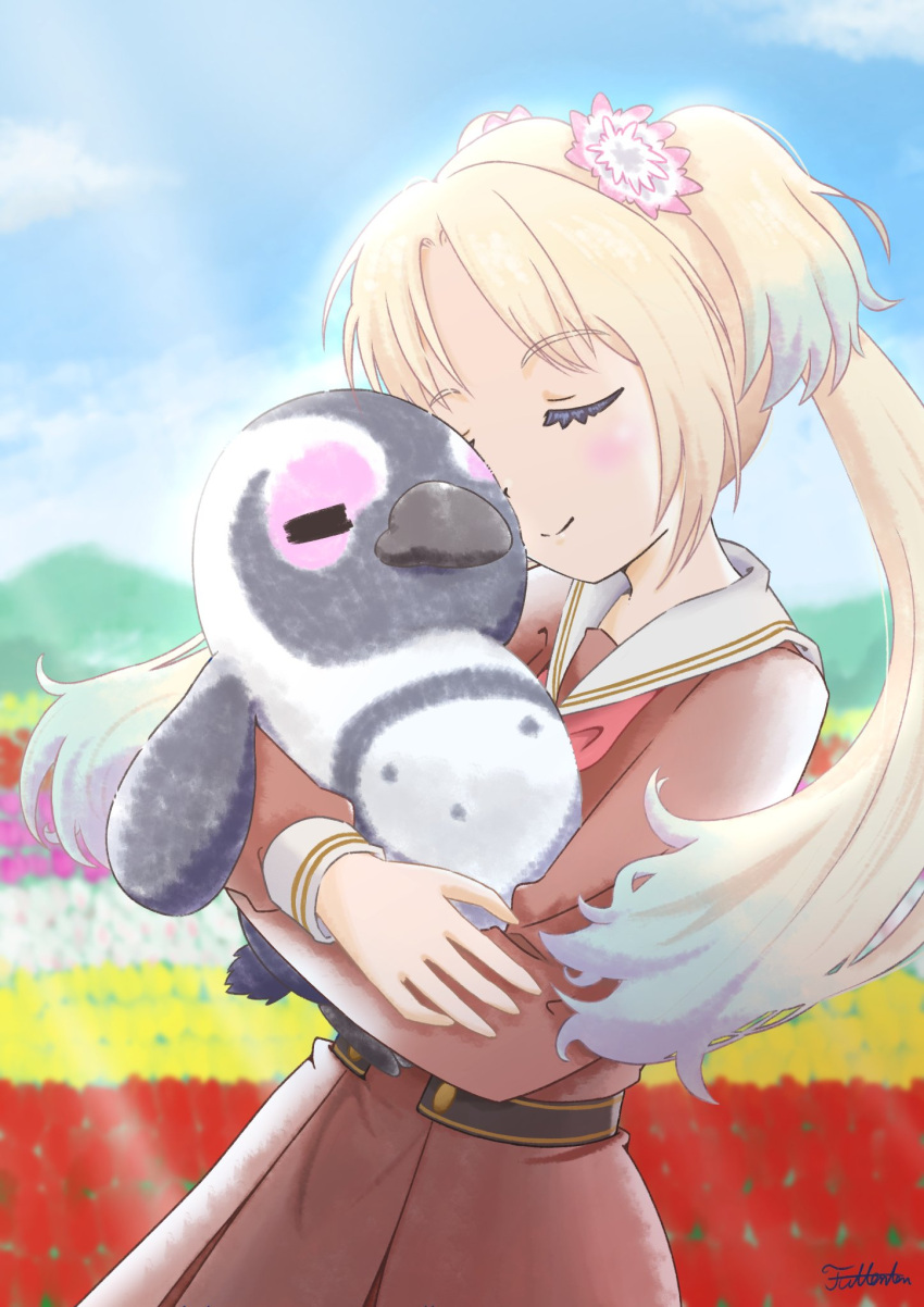 1girl, animal, belt, bird, blonde_hair, blue_sky, bow, bowtie, brown_dress, closed_eyes, dress, flower, futtenten, hair_ornament, highres, link!_like!_love_live!, long_hair, love_live!, mountain, osawa_rurino, outdoors, penguin, sailor_collar, school_uniform, skirt, sky, twintails