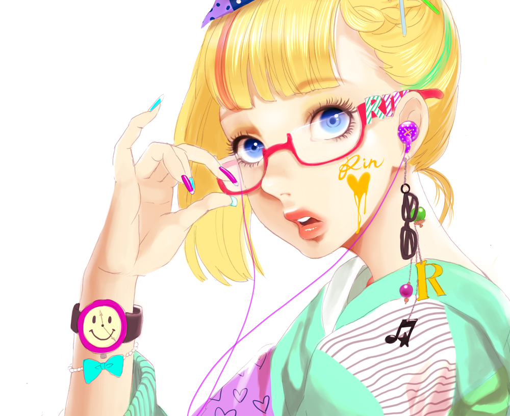 bad_id, bangs, bespectacled, blonde_hair, blue_eyes, blunt_bangs, bracelet, earbuds