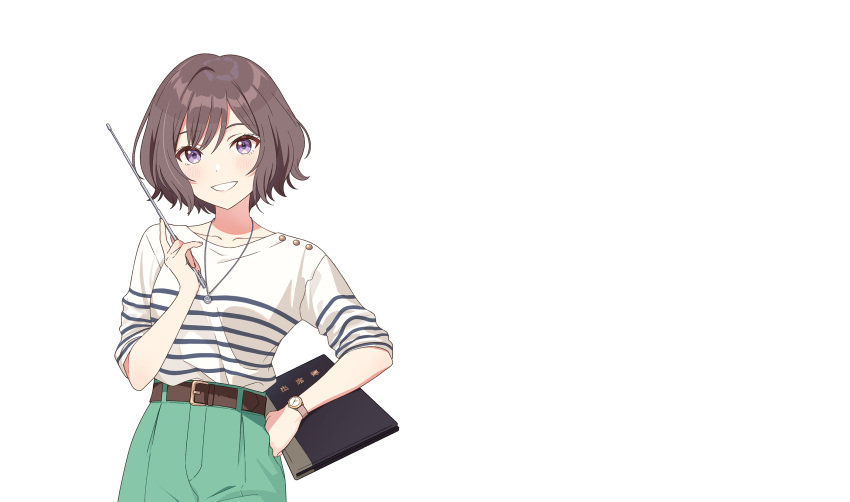 1girl, artist_request, belt, belt_buckle, blush, breasts, brown_belt, brown_hair