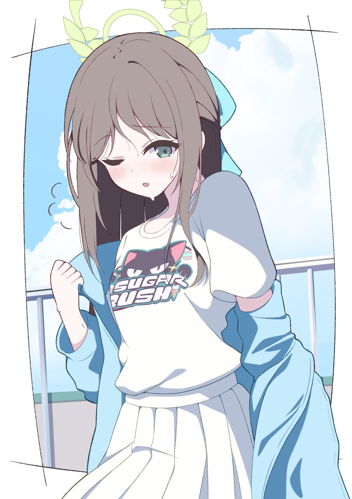 1girl, airi_(band)_(blue_archive), airi_(blue_archive), alternate_costume, blue_archive, blush, brown_hair, clouds