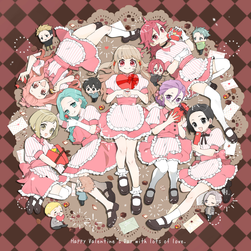 6+boys, 6+girls, :d, absurdres, ahoge, akamatsu_(etra-chan_wa_mita!), akane_(etra-chan_wa_mita!), apron