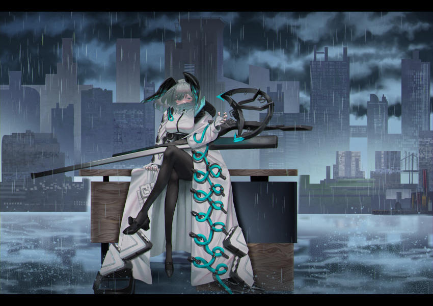 1girl, absurdres, aoi_wakashi_chiyo, aqua_eyes, aqua_wings, arknights, between_breasts, black_footwear