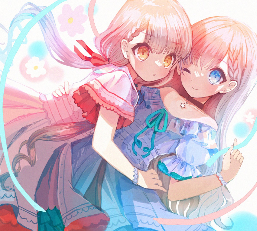 2girls, :o, ;), asymmetrical_bangs, black_choker, blue_dress, blush, braid
