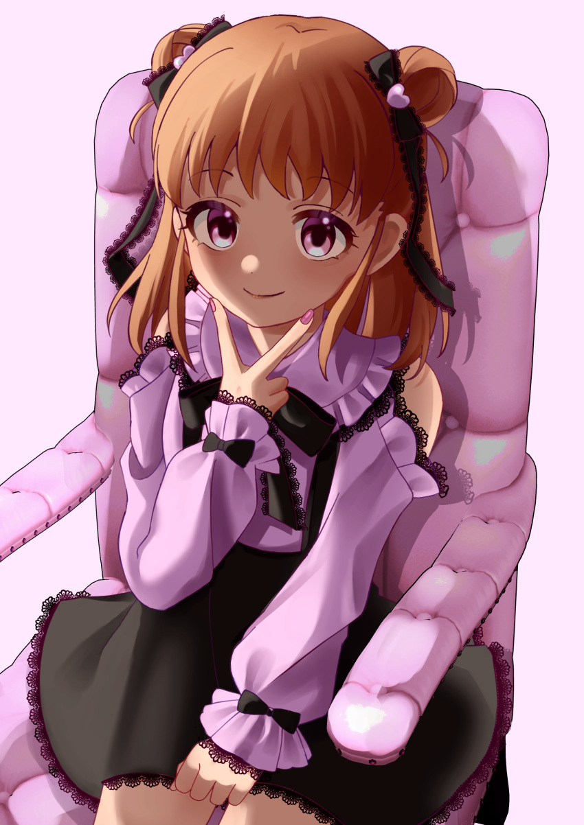 1girl, alternate_costume, black_skirt, blush, brown_hair, clothing_cutout, double_bun, fingernails, hair_bun, hair_ribbon, highres, idolmaster, idolmaster_cinderella_girls, jirai_kei, lace-trimmed_ribbon, lace-trimmed_shirt, lace-trimmed_skirt, lace_trim, long_sleeves, looking_at_viewer, munakata_atsumi, nail_polish, on_chair, pink_shirt, ribbon, shirt, shoulder_cutout, simple_background, sitting, skirt, smile, solo, v, v_over_mouth, watatai