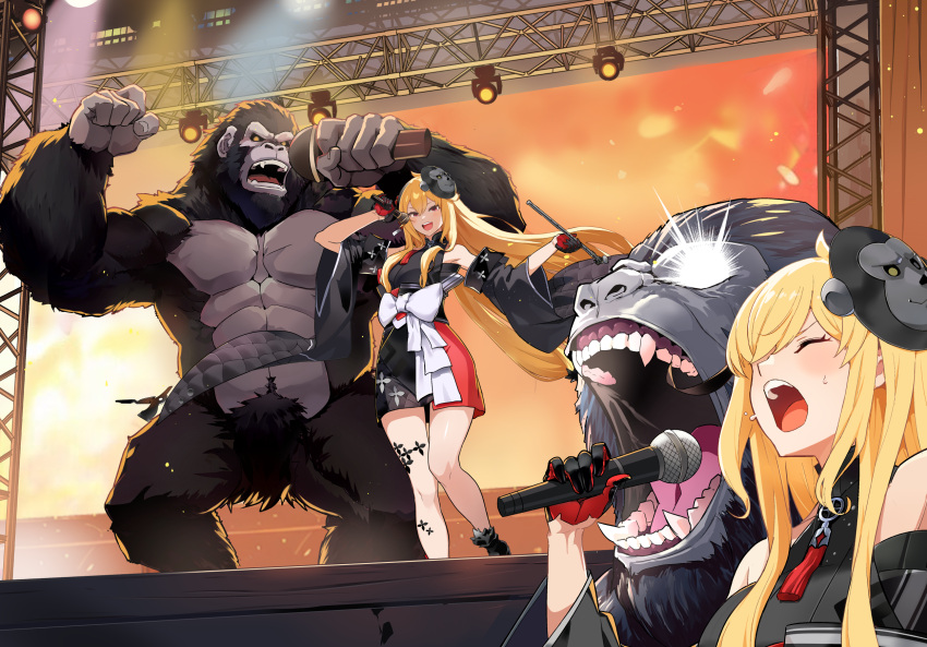 1girl, bare_shoulders, black_kimono, black_sclera, blonde_hair, closed_eyes, colored_sclera, commentary_request, detached_sleeves, gloves, glowing, glowing_eyes, gorilla, gorilla_mask, highres, holding, holding_microphone, holding_smoking_pipe, hololive, hololive_indonesia, idol, japanese_clothes, kaela_kovalskia, kimono, kiseru, long_hair, microphone, muscular, popo_(popo0cat), red_gloves, sleeveless, sleeveless_kimono, smoking_pipe, stage, wide_sleeves, yellow_eyes