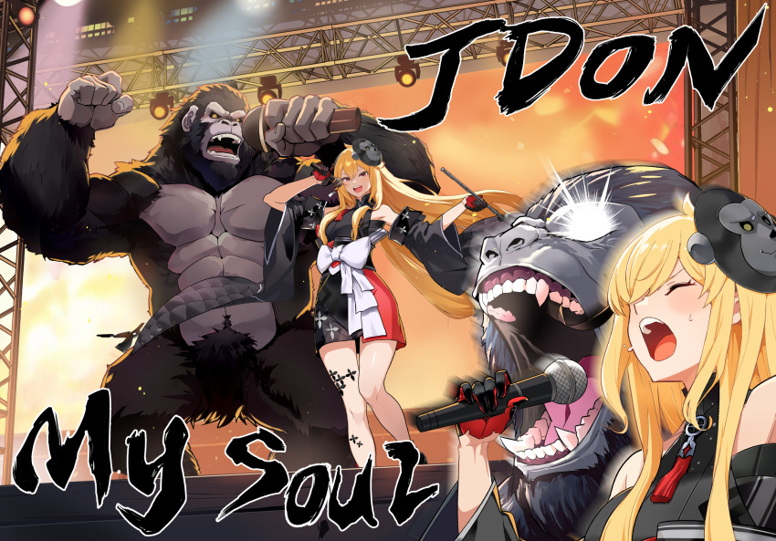1girl, bare_shoulders, black_kimono, black_sclera, blonde_hair, closed_eyes, colored_sclera, commentary_request, detached_sleeves, english_text, gloves, glowing, glowing_eyes, gorilla, gorilla_mask, highres, holding, holding_microphone, holding_smoking_pipe, hololive, hololive_indonesia, idol, japanese_clothes, kaela_kovalskia, kimono, kiseru, long_hair, microphone, muscular, popo_(popo0cat), red_gloves, sleeveless, sleeveless_kimono, smoking_pipe, stage, wide_sleeves, yellow_eyes