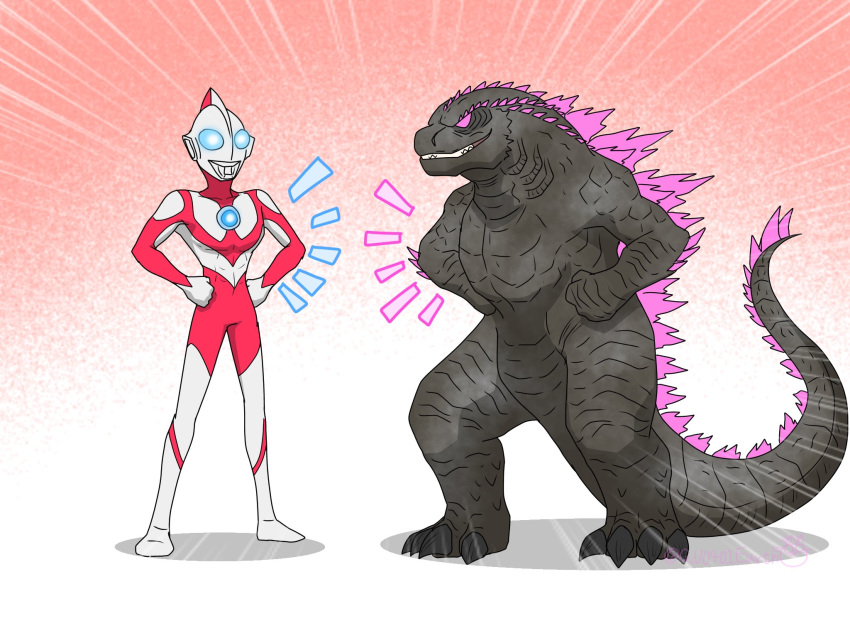 2boys, abs, bioluminescence, blue_eyes, claws, color_timer, compound_eyes, elbow_spikes, fangs, g_u0401earth, giant, giant_monster, gills, glowing, godzilla, godzilla_(monsterverse), godzilla_(series), godzilla_evolved, godzilla_x_kong:_the_new_empire, highres, jaw, kaiju, king_kong_(series), long_tail, monster, monsterverse, multiple_boys, no_humans, reptile, reptilian, scales, sharp_teeth, spiked_tail, spines, tail, teeth, tokusatsu, ultra_series, ultraman:_rising, ultraman_(ultraman:_rising)