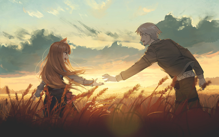 1boy, 1girl, :d, black_shirt, black_skirt, brown_hair, brown_jacket, brown_pants