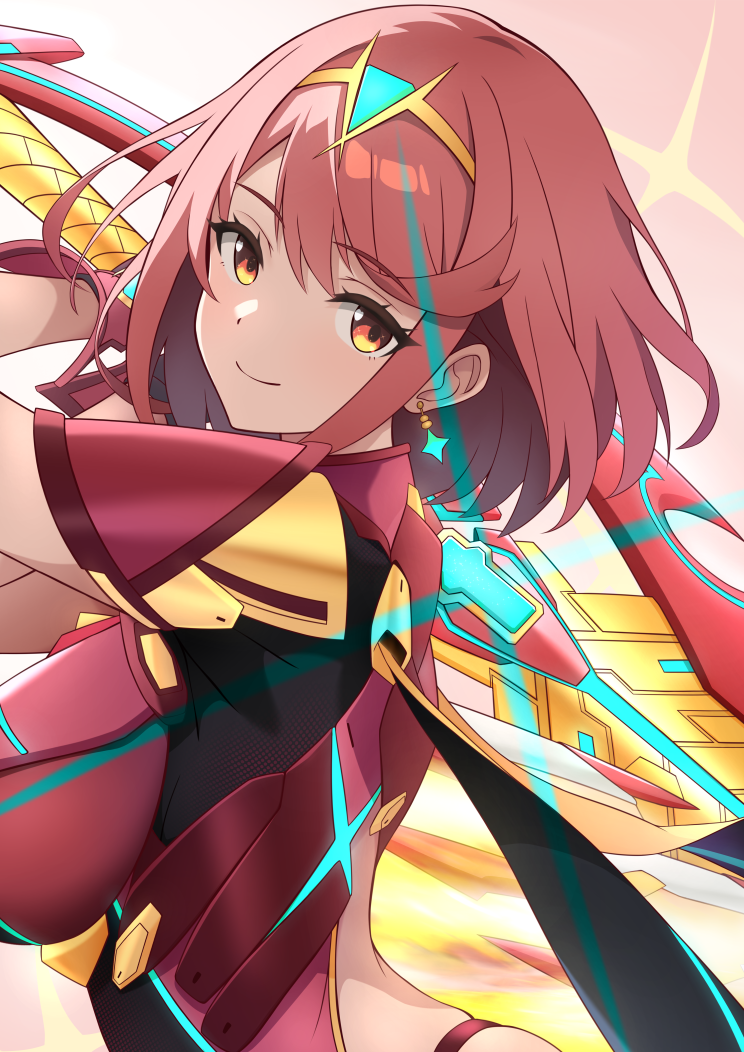 1girl, aegis_sword_(xenoblade), back, backless_outfit, bob_cut, breasts, chest_jewel, drop_earrings, earrings, fingerless_gloves, g-string, gloves, holding, holding_sword, holding_weapon, impossible_clothes, jewelry, large_breasts, pyra_(xenoblade), red_eyes, redhead, rojiko_(275026), short_hair, short_sleeves, skindentation, solo, swept_bangs, sword, thong, tiara, upper_body, weapon, xenoblade_chronicles_(series), xenoblade_chronicles_2