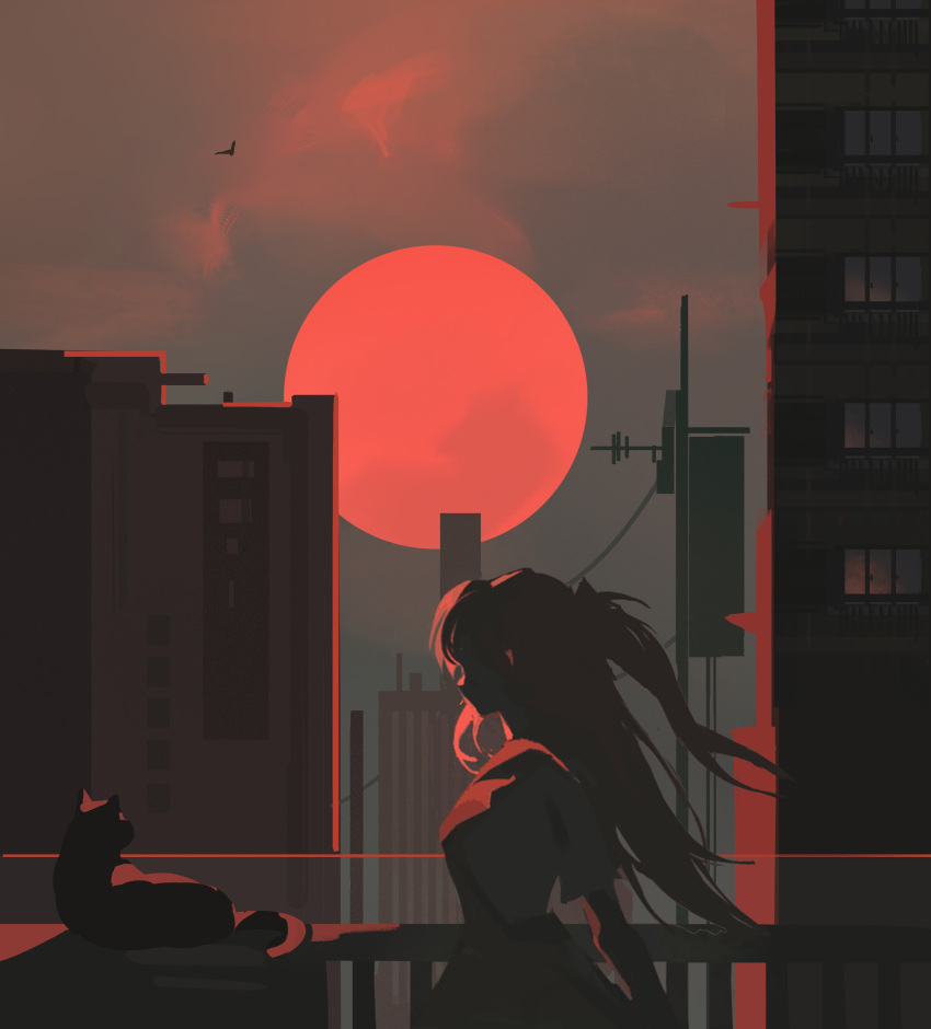 1girl, absurdres, balcony, black_cat, building, cat, chinese_commentary, city