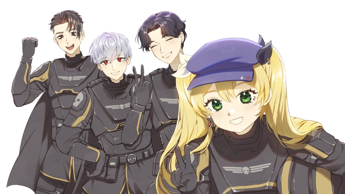 1girl, 3boys, armor, black_cape, black_eyes, black_gloves, black_hair, blonde_hair, blue_headwear, cape, character_request, closed_eyes, cosplay, darkgreyclouds, dokibird_(vtuber), earrings, gloves, green_eyes, han_byeol, hat, helldiver_(helldivers), helldiver_(helldivers)_(cosplay), helldivers_(series), indie_virtual_youtuber, jewelry, looking_at_viewer, multiple_boys, red_eyes, rpr, simple_background, single_earring, smile, twintails, upper_body, v, virtual_youtuber, white_background, white_hair