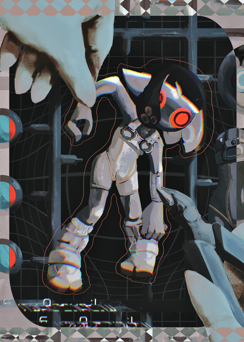 1girl, absurdres, black_background, bodysuit, border, colored_skin, full_body, glitch