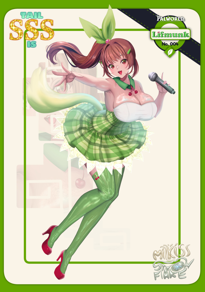 absurdres, breasts, brown_hair, cherry, food, fruit, green_ribbon, highres, holding, holding_microphone, idol, large_breasts, lifmunk, microphone, milkissnowflake, palworld, red_eyes, red_footwear, ribbon, thigh-highs, waifudeck
