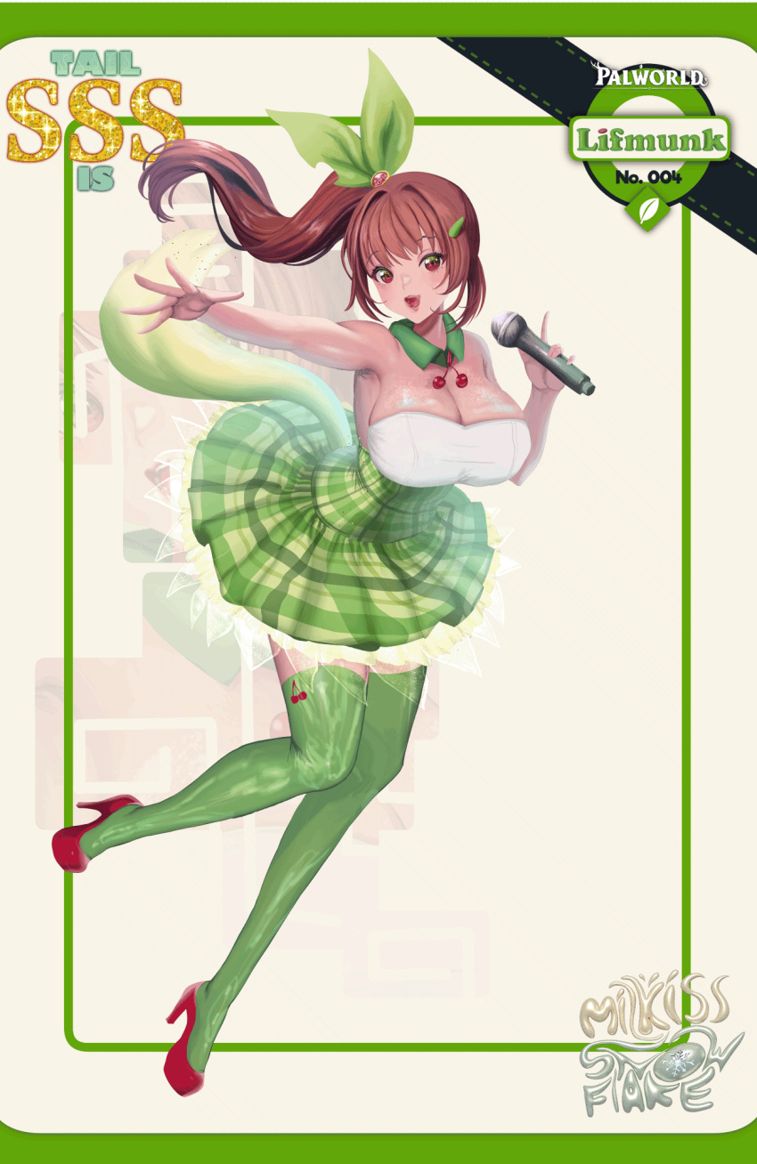 animated, animated_gif, breasts, brown_hair, cherry, food, fruit, green_ribbon, highres, holding, holding_microphone, idol, large_breasts, lifmunk, live2d, microphone, milkissnowflake, palworld, red_eyes, red_footwear, ribbon, thigh-highs, waifudeck