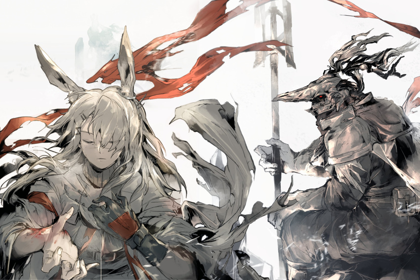 1boy, 1girl, absurdres, animal_ear_fluff, animal_ears, antlers, arknights, closed_eyes