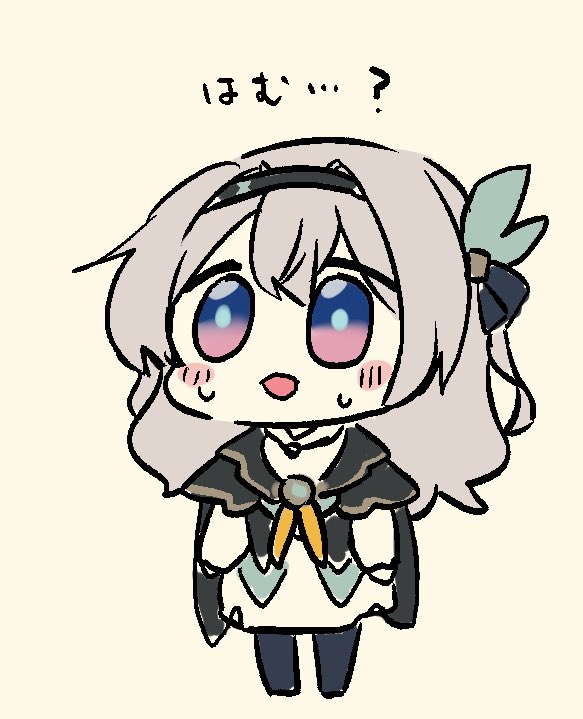 ...?, 1girl, black_hairband, chibi, firefly_(honkai:_star_rail), full_body, grey_hair, hair_ribbon
