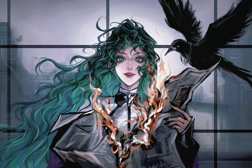 1girl, absurdres, aegyo_sal, bird, black_nails, burning, burning_paper, chinese_commentary, cityscape, commentary, crow, eyelashes, fingernails, green_eyes, green_hair, highres, holding, holding_newspaper, indoors, mole_above_eye, nail_polish, newspaper, parted_lips, path_to_nowhere, pink_lips, raven_(path_to_nowhere), scar, scar_across_eye, scar_on_face, scar_on_forehead, sharp_fingernails, sharp_teeth, shirt, smile, solo, straight-on, teeth, upper_body, wavy_hair, white_shirt, window, yu_zhezhe