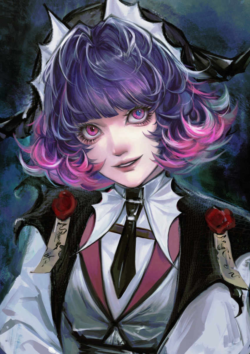 1girl, absurdres, aegyo_sal, black_headwear, black_necktie, blunt_bangs, chinese_commentary, collared_shirt, colored_tips, commentary, etti_(path_to_nowhere), hair_intakes, head_tilt, highres, lips, looking_at_viewer, multicolored_hair, necktie, ofuda, parted_lips, path_to_nowhere, pink_eyes, purple_hair, shirt, short_hair, short_necktie, smile, solo, streaked_hair, upper_body, waistcoat, white_shirt, wing_collar, yu_zhezhe