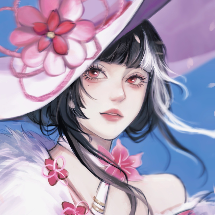 aegyo_sal, black_hair, blunt_bangs, chinese_commentary, commentary, eyelashes, fascinator, feather_boa
