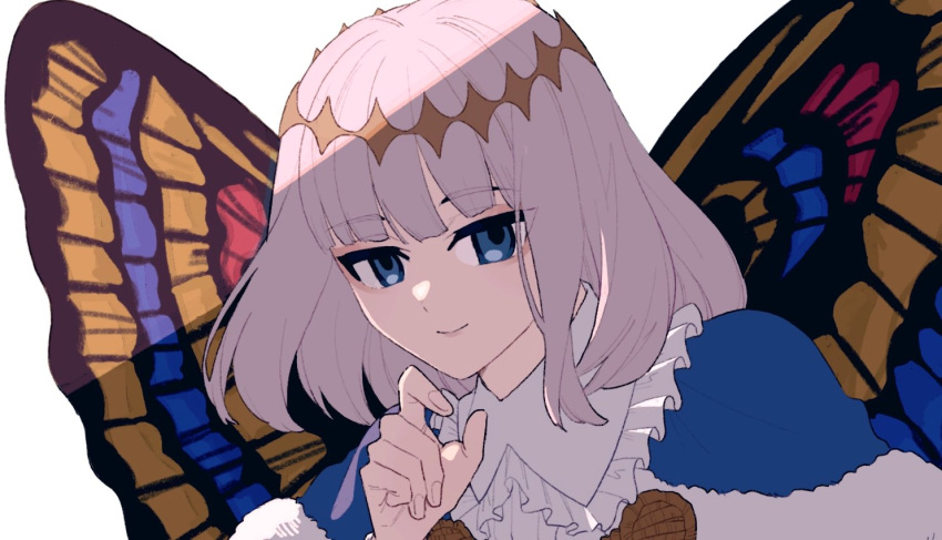 1boy, androgynous, arthropod_boy, blue_cloak, blue_eyes, blunt_bangs, butterfly_boy, butterfly_wings
