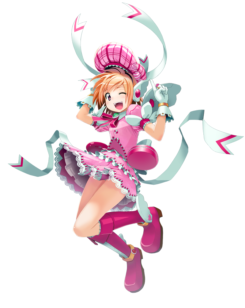 1girl, bad_source, beret, boots, brown_eyes, cosmic_break, dress, frills