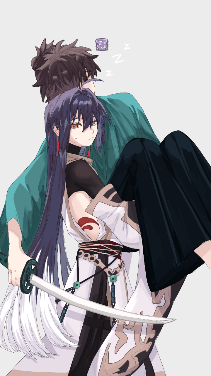 1boy, 1other, androgynous, black_hair, brown_hair, carrying, english_commentary, fate/grand_order, fate/samurai_remnant, fate_(series), grey_background, hair_intakes, highres, holding, holding_sword, holding_weapon, japanese_clothes, katana, kneko630, long_hair, looking_at_viewer, messy_hair, miyamoto_iori_(fate), multicolored_hair, princess_carry, short_ponytail, sleeping, sweatdrop, sword, two-tone_hair, weapon, white_hair, yamato_takeru_(fate), yamato_takeru_(third_ascension)_(fate), yellow_eyes, zzz