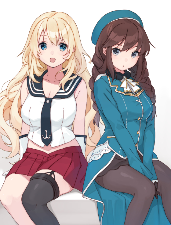 1girl, anchor_symbol, ascot, asymmetrical_legwear, atago_(kancolle), atago_(kancolle)_(cosplay), beret, black_gloves, black_necktie, black_pantyhose, black_sailor_collar, black_skirt, blonde_hair, blue_headwear, blue_shirt, braid, breasts, brown_hair, commentary_request, commission, cosplay, costume_switch, feet_out_of_frame, garter_straps, gloves, green_eyes, hat, kantai_collection, large_breasts, long_hair, looking_at_viewer, low_twintails, military_uniform, mitsuyo_(mituyo324), necktie, noshiro_(kancolle), noshiro_(kancolle)_(cosplay), pantyhose, pleated_skirt, red_skirt, sailor_collar, school_uniform, serafuku, shirt, simple_background, single_thighhigh, sitting, skirt, sleeveless, sleeveless_shirt, solo, swept_bangs, thigh-highs, twin_braids, twintails, uneven_legwear, uniform, v_arms, white_ascot, white_background, white_gloves, white_shirt