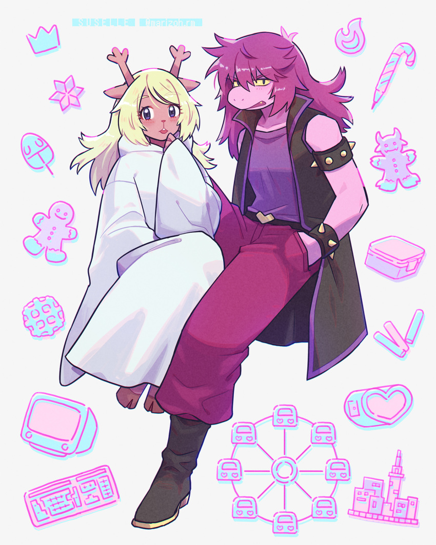 2girls, animal_ears, animal_nose, ankle_boots, antlers, armlet, artist_name, barefoot, belt, black_footwear, black_jacket, blonde_hair, boots, bracelet, candy, candy_cane, colored_sclera, colored_skin, commentary, deer_ears, deer_girl, deltarune, fang, ferris_wheel, food, from_side, full_body, furry, furry_female, gingerbread_man, hair_between_eyes, hand_in_pocket, hand_up, highres, hood, hood_down, hooded_robe, hooves, horns, invisible_chair, jacket, jewelry, keyboard_(computer), knee_up, long_hair, long_sleeves, looking_at_viewer, mayuzumi, medium_hair, messy_hair, monitor, mouse_(computer), multiple_girls, noelle_holiday, noelle_holiday_(dark_world), open_mouth, pants, pink_skin, purple_hair, purple_pants, purple_shirt, robe, ship_name, shirt, simple_background, sitting, sleeveless, sleeveless_jacket, spiked_armlet, spiked_bracelet, spikes, susie_(dark_world)_(deltarune), susie_(deltarune), symbol-only_commentary, twitter_username, violet_eyes, white_background, white_robe, wide_sleeves, yellow_sclera