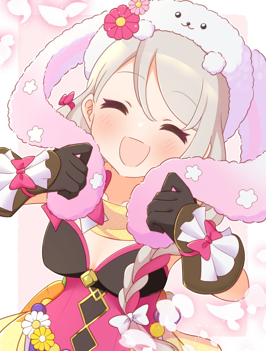 1girl, absurdres, animal_hat, braid, braided_ponytail, brown_gloves, closed_eyes, expressive_clothes