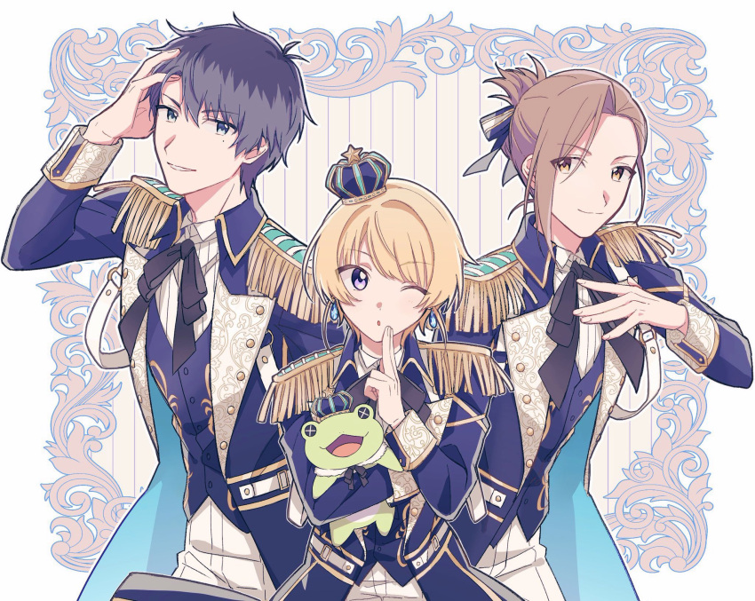 3boys, beit_(idolmaster), blonde_hair, blue_eyes, brown_eyes, brown_hair, crown, earrings, epaulettes, grey_hair, highres, idol, idolmaster, idolmaster_side-m, jewelry, kaerre, looking_at_viewer, male_focus, mini_crown, mole, mole_under_eye, multicolored_hair, multiple_boys, nnshi, one_eye_closed, open_mouth, pierre_bichelberger, ponytail, smile, stuffed_animal, stuffed_frog, stuffed_toy, takajo_kyoji, two-tone_hair, violet_eyes, watanabe_minori