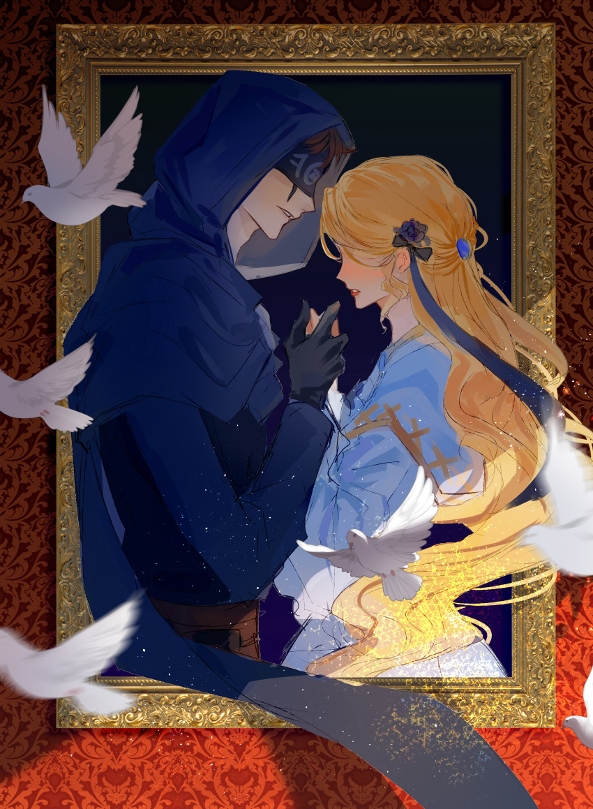 1boy, 1girl, absurdres, bird, black_gloves, blindfold, blonde_hair, blue_cape, blue_dress, blue_robe, brown_hair, cape, couple, dove, dress, eli_clark, face-to-face, faceless, faceless_female, facial_mark, flower, from_side, gertrude_(identity_v), gloves, hair_flower, hair_ornament, half_updo, hetero, highres, holding_hands, hood, hood_up, identity_v, light_particles, long_hair, long_sleeves, parted_lips, picture_frame, profile, red_lips, robe, short_bangs, short_hair, through_medium, through_screen, upper_body, wallpaper_(object), wavy_hair, yanxi373