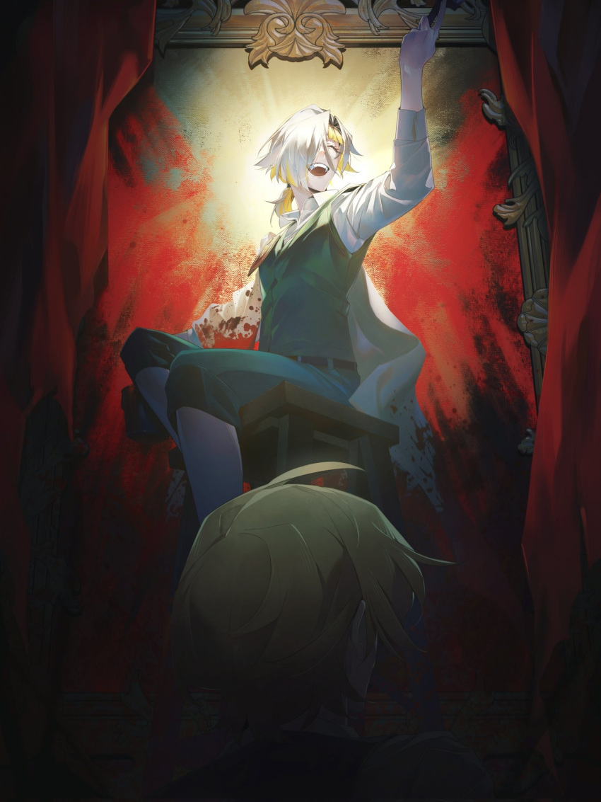 1boy, 1girl, ahoge, arm_up, belt, black_belt, blonde_hair, bucket