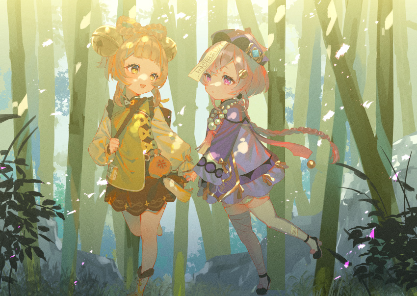 2girls, :d, backpack_basket, bell, black_footwear, bow-shaped_hair, braid, brown_hair