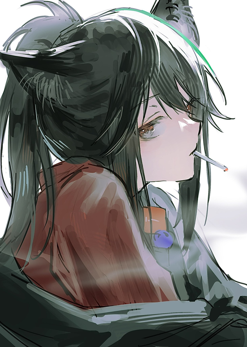 1girl, animal_ears, arknights, black_hair, black_jacket, brown_eyes, cigarette, closed_mouth, expressionless, highres, jacket, long_hair, looking_at_viewer, mi1i_11, mouth_hold, off_shoulder, red_shirt, shirt, simple_background, sketch, smoke, smoking, solo, texas_(arknights), texas_(willpower)_(arknights), upper_body, white_background, wolf_ears, wolf_girl