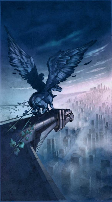 1boy, black_feathers, city, cover, cover_page, feathered_wings, feathers, fog, john_rocco, looking_back, male_focus, night, night_sky, official_art, pegasus, percy_jackson, percy_jackson_and_the_olympians, plant, riding, riding_animal, sky, vines, wings