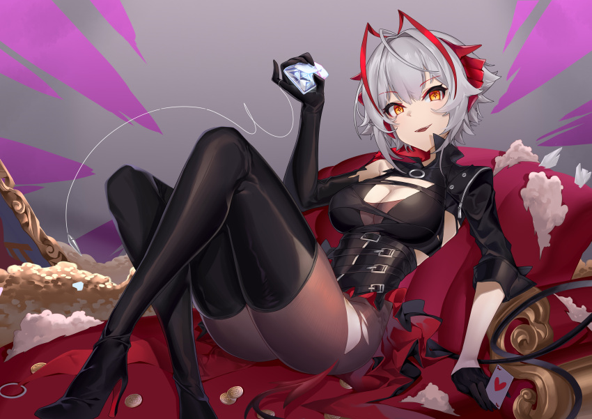 1girl, absurdres, ace_(playing_card), ace_of_hearts, antenna_hair, antennae, arknights, asymmetrical_gloves, black_gloves, black_pantyhose, boots, breasts, card, demon_girl, demon_horns, demon_tail, elbow_gloves, gloves, grey_hair, hat, heart, highres, horns, large_breasts, latex, latex_thighhighs, looking_at_viewer, official_alternate_costume, pantyhose, phantom_thief, playing_card, short_hair, sitting, smile, solo, stack_of_coins, strap, tail, thigh-highs, thighhighs_under_pantyhose, torn_clothes, torn_pantyhose, w_(arknights), w_(wanted)_(arknights), yellow_eyes, zeroblood