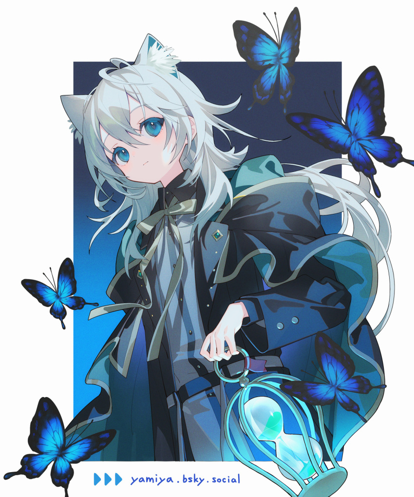 1boy, animal_ear_fluff, animal_ears, antenna_hair, arm_at_side, black_cape, black_coat, blue_background