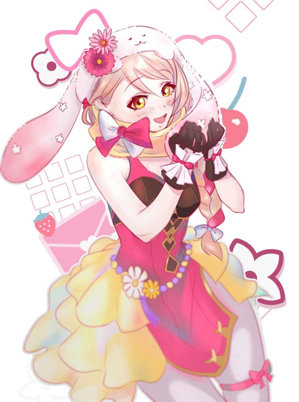 1girl, animal_hat, attack, blonde_hair, braid, braided_ponytail, brown_gloves, cherry