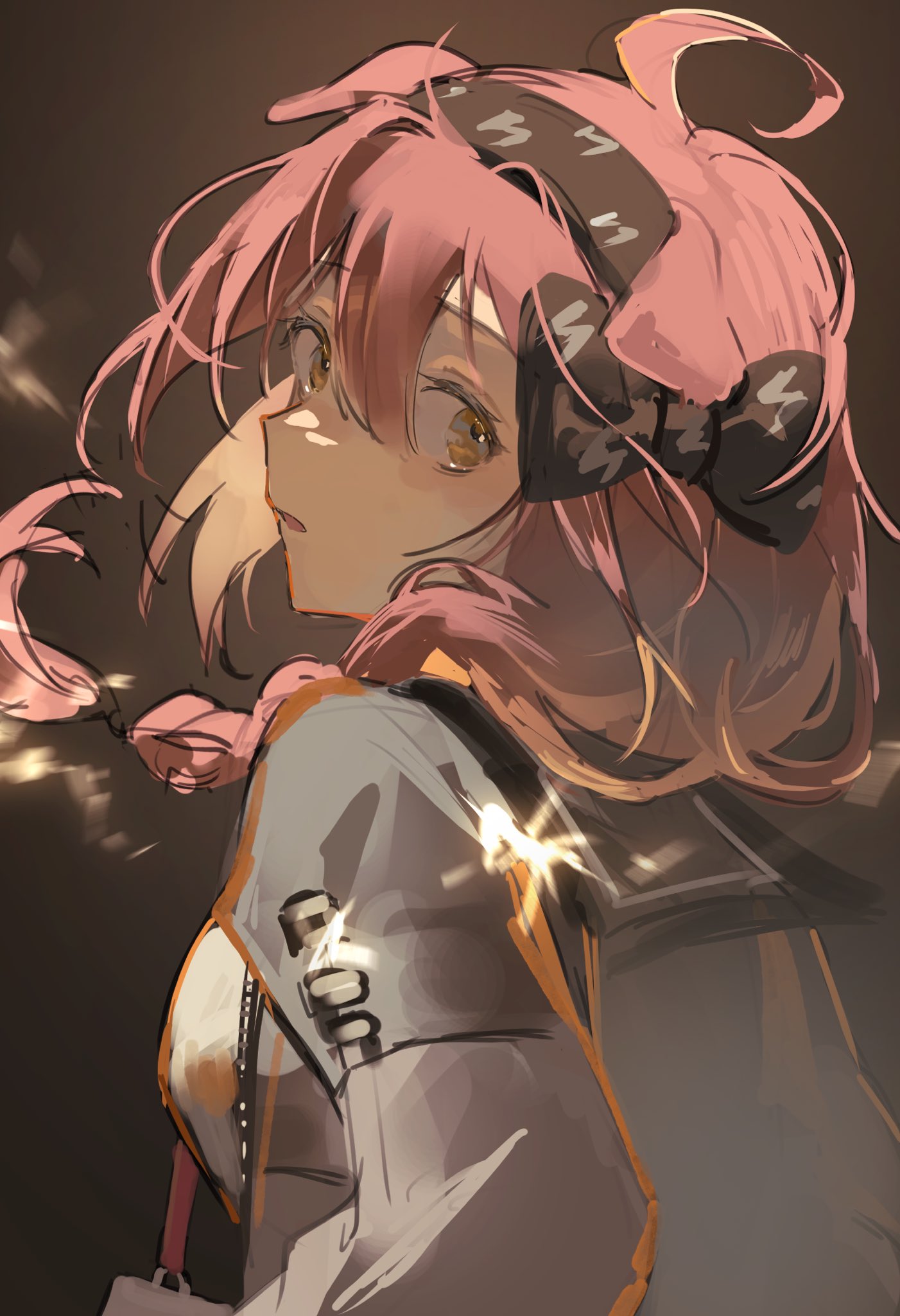1girl, ahoge, animal_ears, arknights, black_bow, black_hairband, blurry, bow, braid, brown_background, cat_ears, cat_girl, goldenglow_(arknights), grey_jacket, hair_between_eyes, hair_bow, hairband, highres, jacket, light_particles, long_hair, long_sleeves, looking_at_viewer, mi1i_11, motion_blur, one-hour_drawing_challenge, parted_lips, pink_hair, sketch, solo, upper_body, yellow_eyes