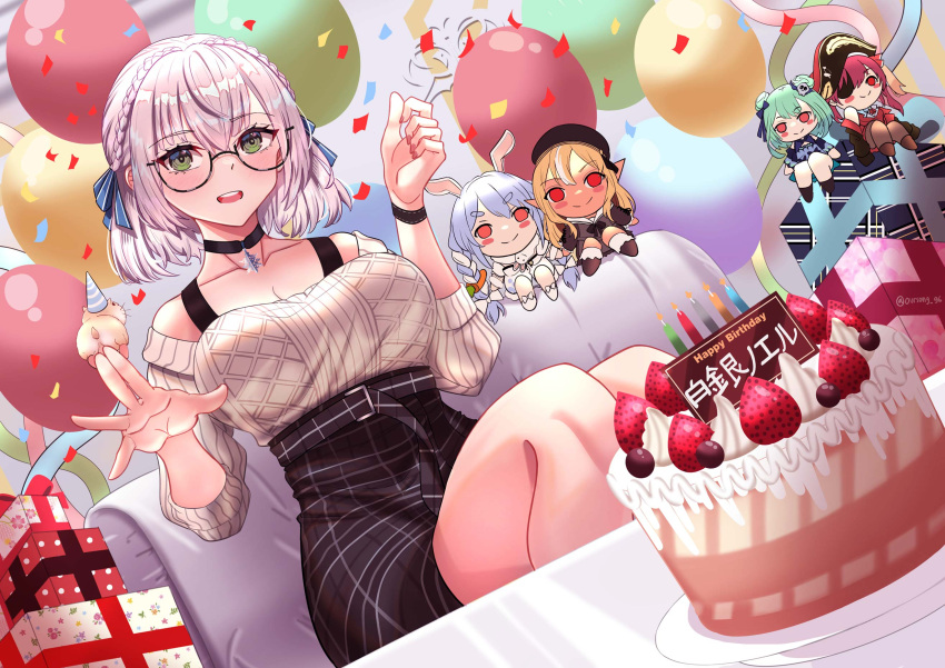 1girl, balloon, bare_shoulders, between_breasts, black_choker, braid, breasts, cake
